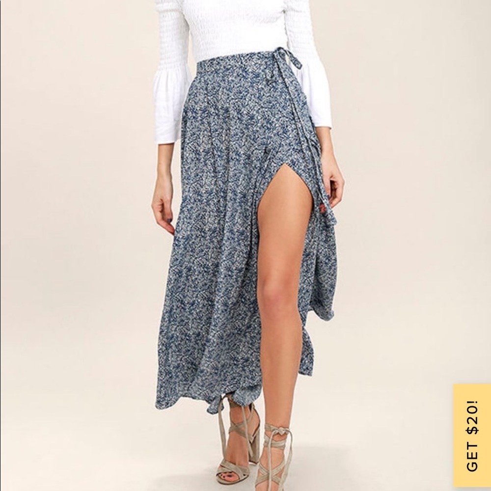 Lulu’s beautiful Tempest Navy Blue Wrap Maxi Skirt